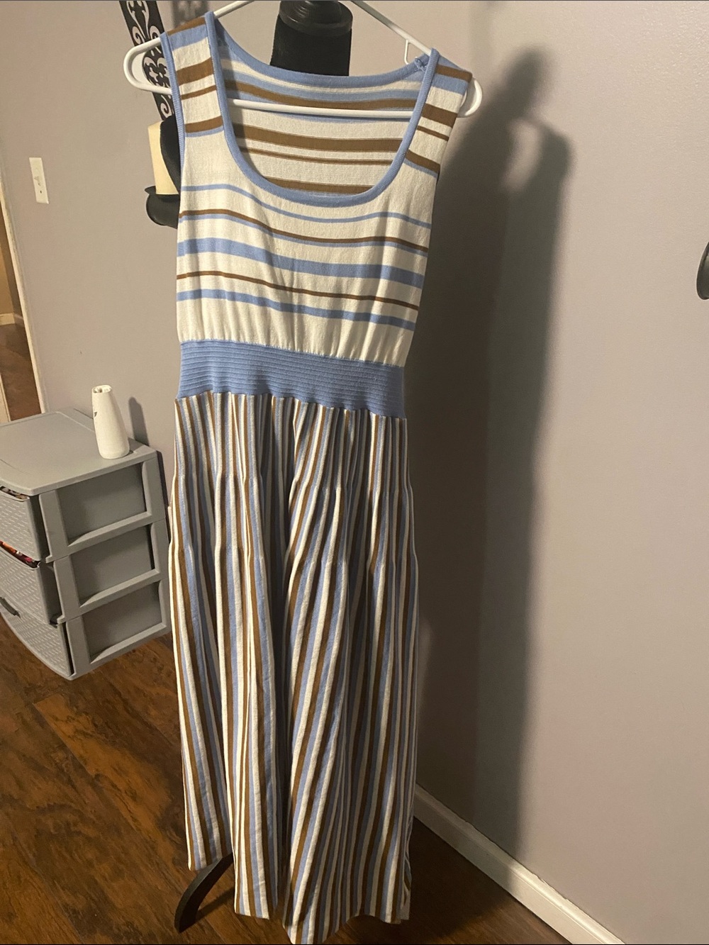 Striped Sleeveless Maxi Dress in Blue, White & Brown